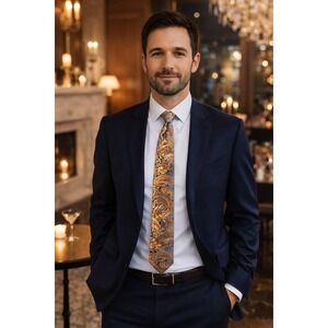 Dion Signature Mens Italian Silk Paisley Floral Orange Gold Blue Ornate Necktie